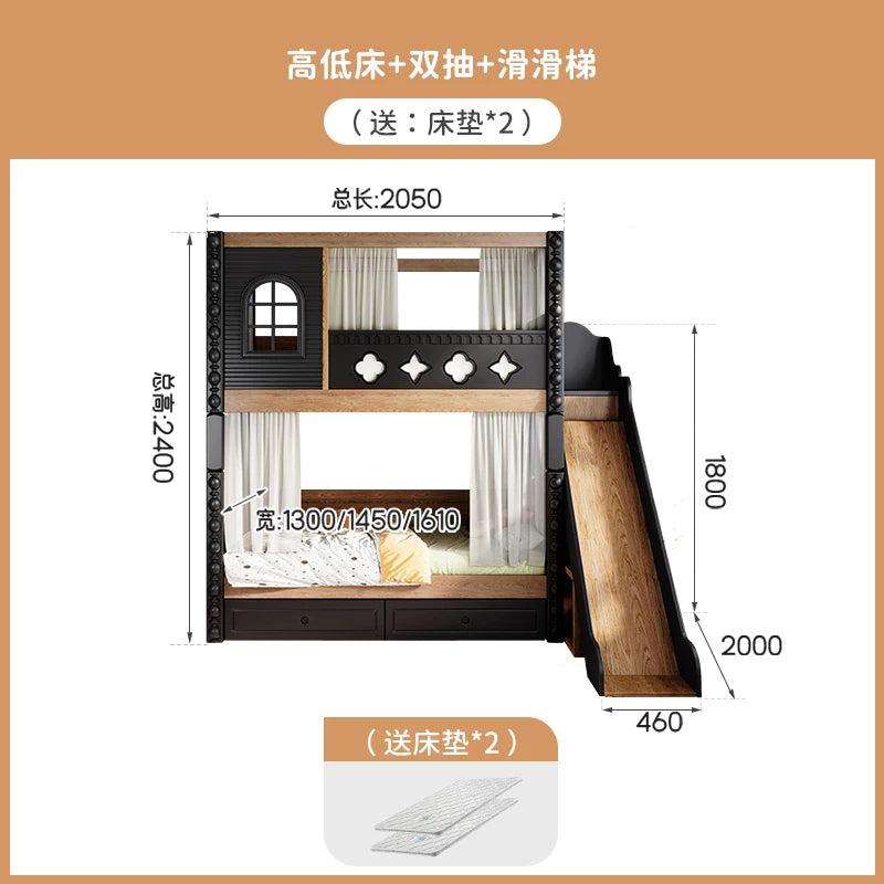 *-For Medieval style bed on and off the bed, double-layer all-solid wood upper and lower bunk thikened, high and low do no