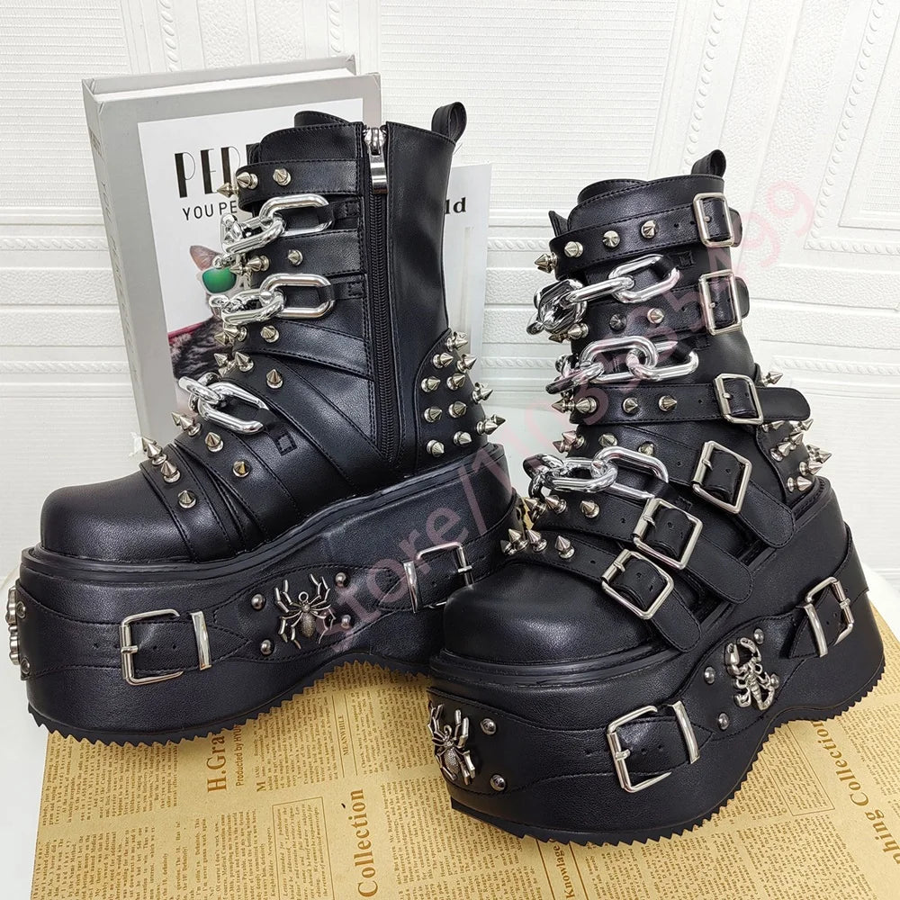 Women Leopard Platform Ankle Boots Spikes Chain Multi‑Buckle Spider Scorpion Metal Gothic Punk Y2K Street Fashion Wedge Boots
