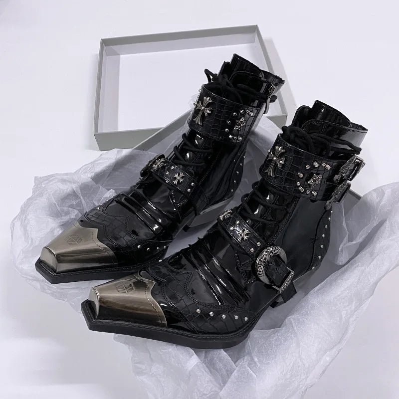 Gothic Punk Style Platform Couple Ankle Boots Designer Metal Decorative Belt Buckle Women Mans Motorcycle Booties Zapatos Hombre