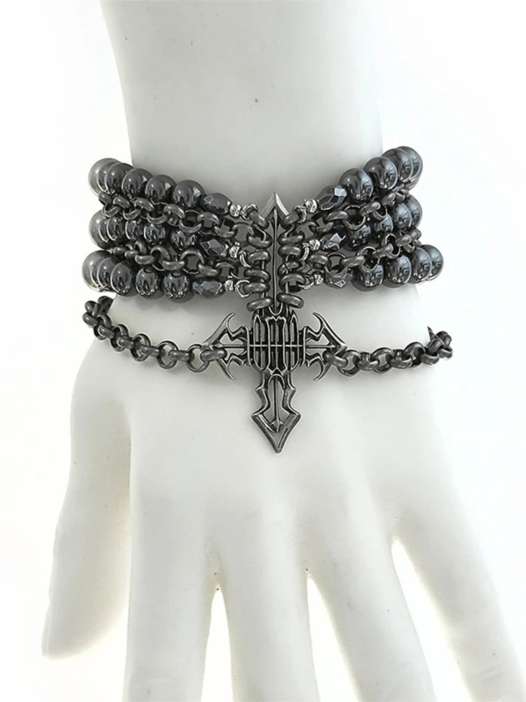 Copper Material Jewelry Accessories For Men Women Gothic Cross Multi-Layered Stacked Bracelet Dark Punk Beaded Chain Wristband S