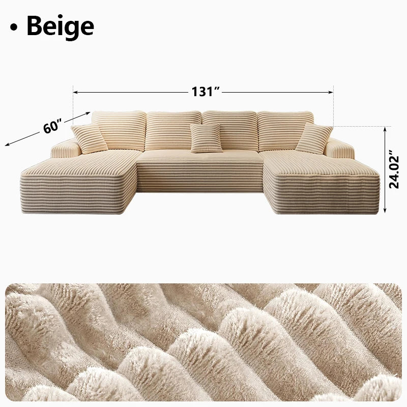 131'' Large Sectional Cloud Couch. Modular Corduroy Sofa Bed with Deep Seat.U-Shaped Boneless Sofa Couches for LivingRoom & Apartment, Bedroom. No Assembly Required
