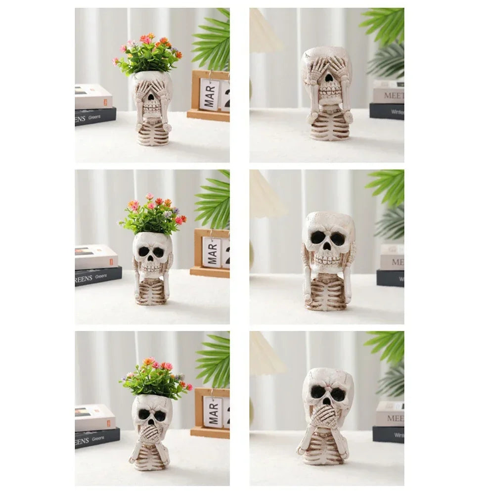 Skull Head Flower Pots Gothic Skeleton Planter Container Office Planter Succulent Plant Organizer Halloween Tabletop Ornament
