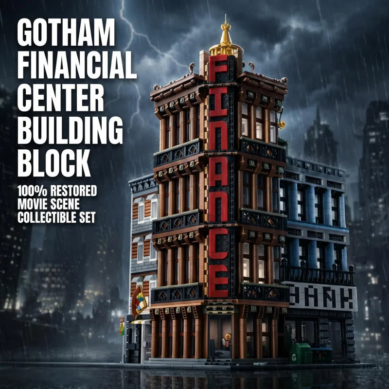 Adult modular building block set with 3,763 pieces, featuring a corner financial center street scene model, including bank and s