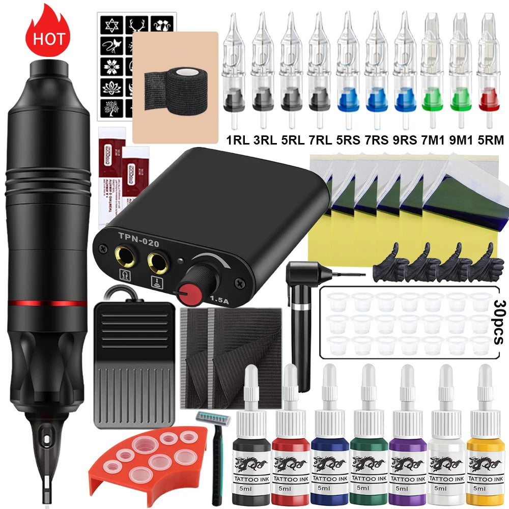 Professional Rotary Tattoo Machine Kit Tattoo Pen Set with Cartridge Needles Ink Blender Permanent Makeup for Tattoo Beginners
