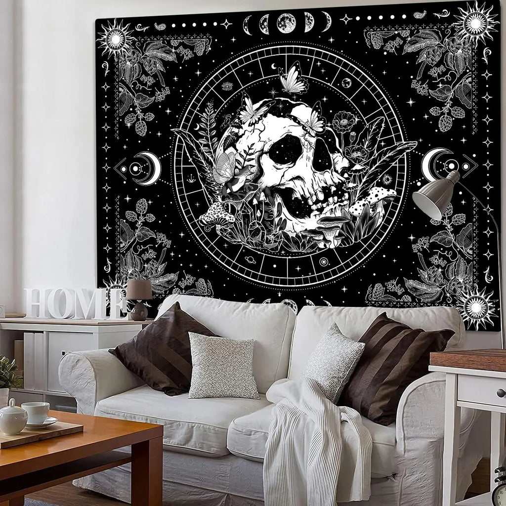 VIKAMA Black and White Skull Tapestry Hippie Natural Botanical Floral Aesthetic Living Room Dormitory Wall Hanging Home Decor