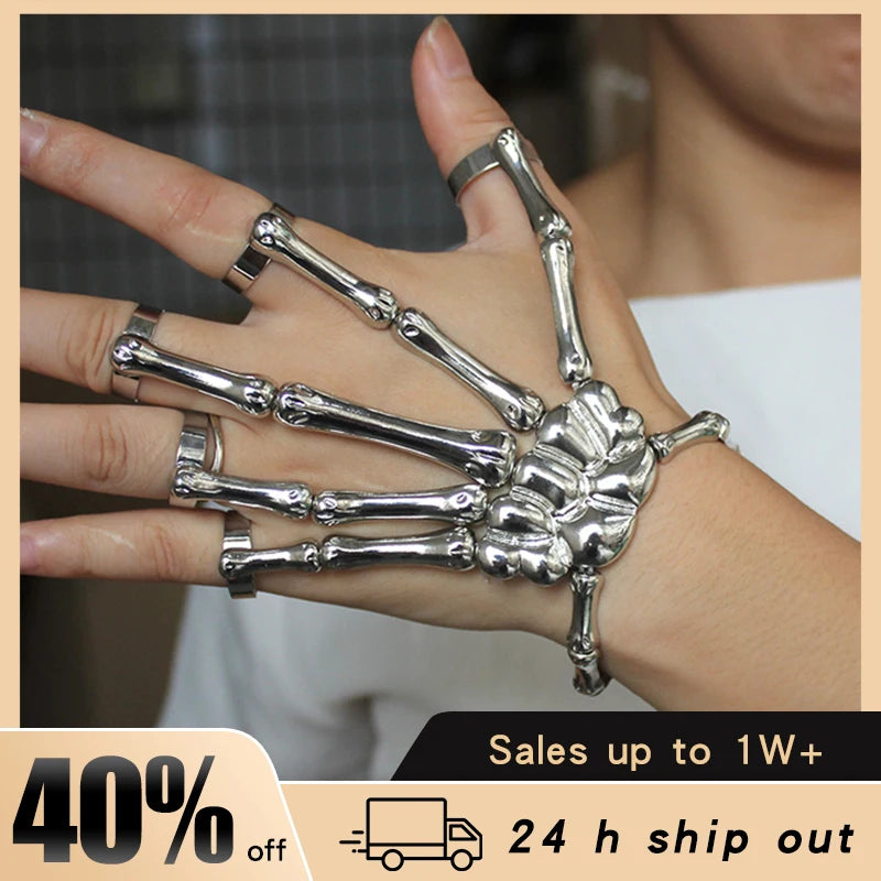 Steam Punk Metal Skull Skeleton Bracelet For Men Gothic Hand Accessories Elasticity Adjustable Couple Women Bangles Jewelry
