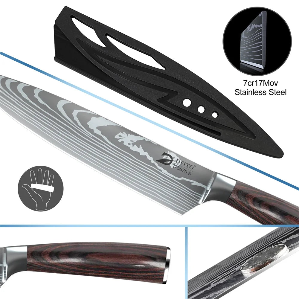MDHAND 8PCS Damascus Stainless Steel Kitchen Knife Set Super Sharp Japanese Style Chef Santoku Cleaver Slicing Boning Utility Paring Knives Complete Cooking Cutlery Kit with Portable Protective Nylon Carry Bag for Home Kitchen Chef Use