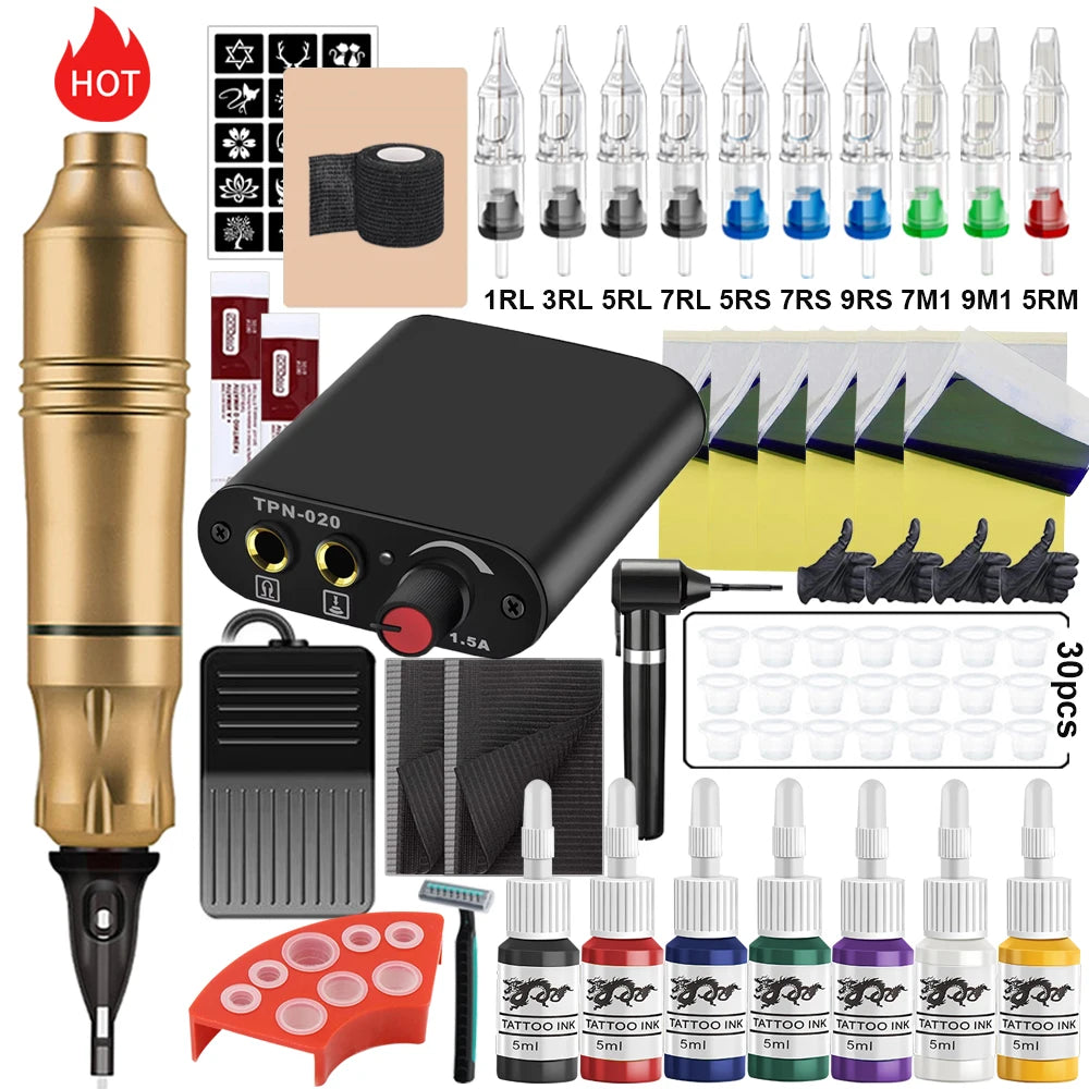 Professional Rotary Tattoo Machine Kit Tattoo Pen Set with Cartridge Needles Ink Blender Permanent Makeup for Tattoo Beginners