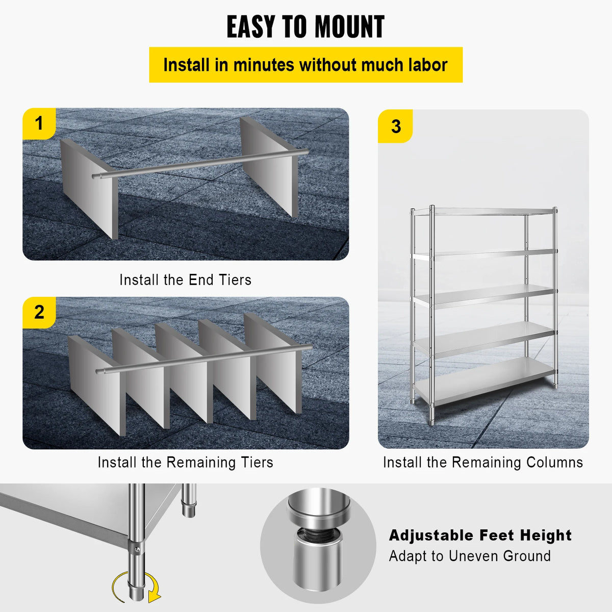 SucceBuy Tier Stainless Steel Shelves Adjustable Shelf Storage Unit Stainless Steel Rack Shelving for Kitchen Commercial Use