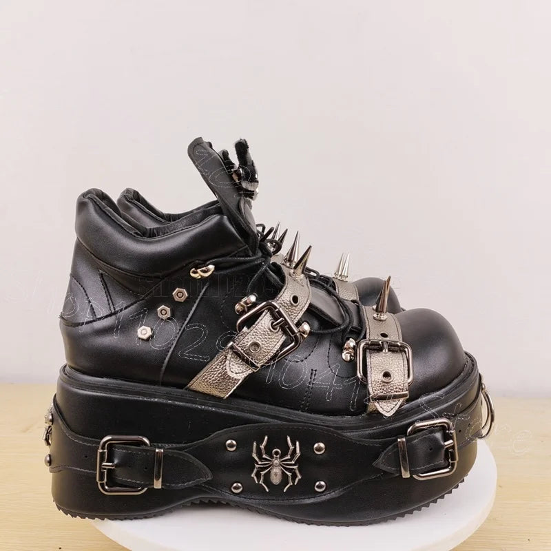 Silver Buckle Spikes Black Round Toe Platform Boots Slip On Women Shoes High Top Fashion Party Banquet 2025 Zapatos Para Mujere