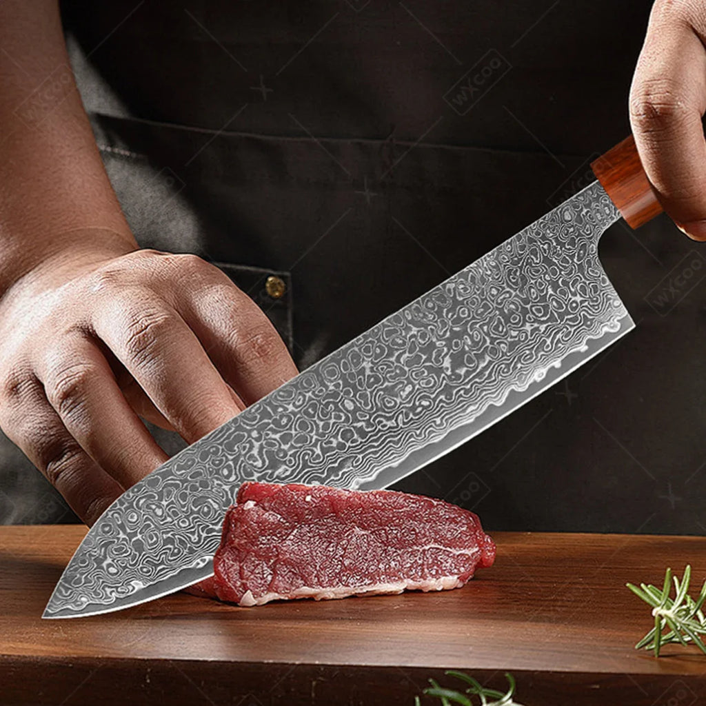 WXCOO Japanese Steel 67 Layer Damascus Chef Knife Ultra Sharp Nakiri Santoku Cleaver Cutlery Set for Meat Vegetable Home Cooking