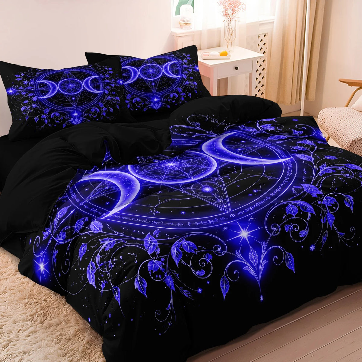 3pcs Set Gothic Triple Moon Starry Duvet Cover, Delicate Purple Botanical Mandala Bedding,  For Themed Hotel & Dorm Decoration