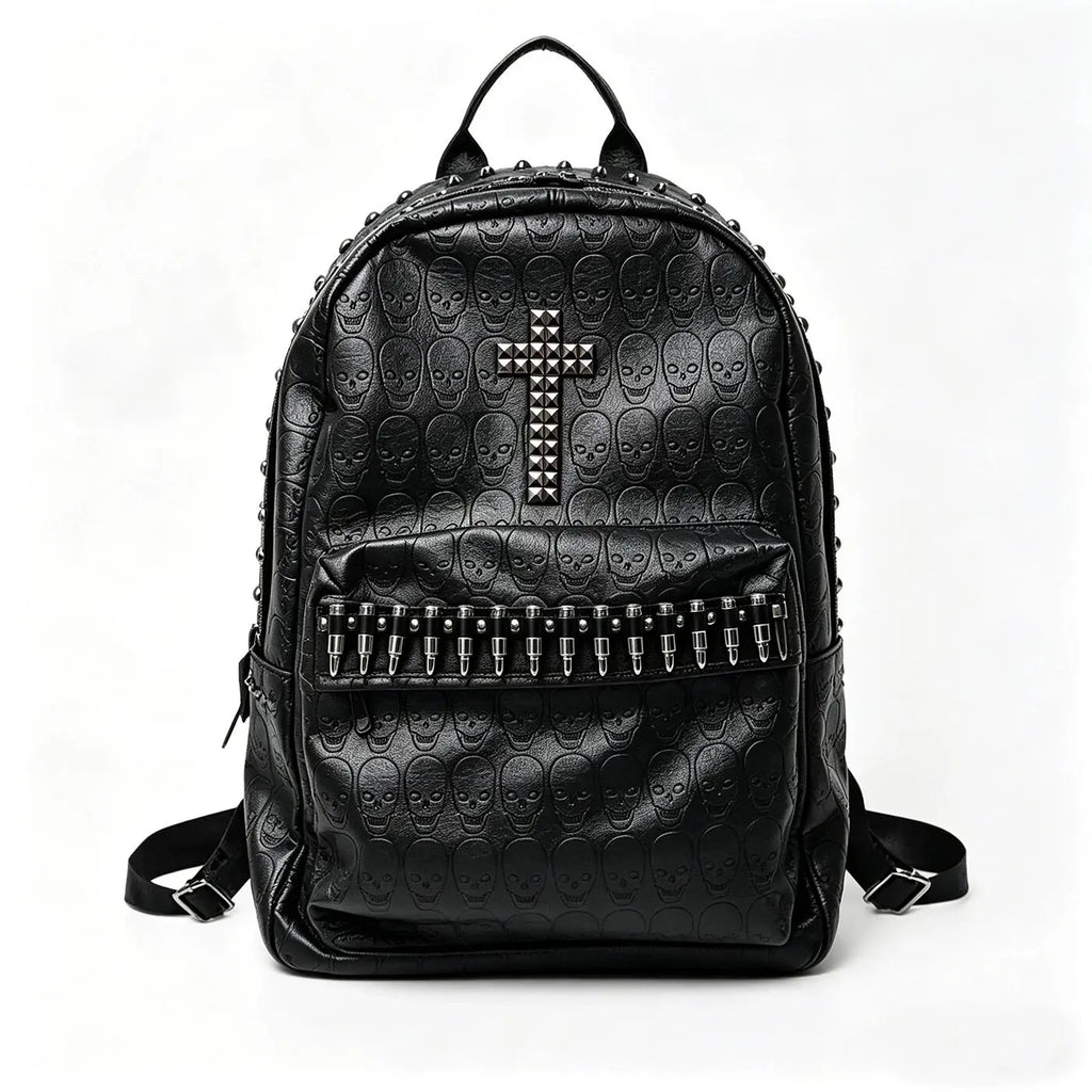 Punk Goth Rivet Skull Pattern Personality Backpacks Large Capacity Commuter Rock Backpack Y2K Black Leather Backpack