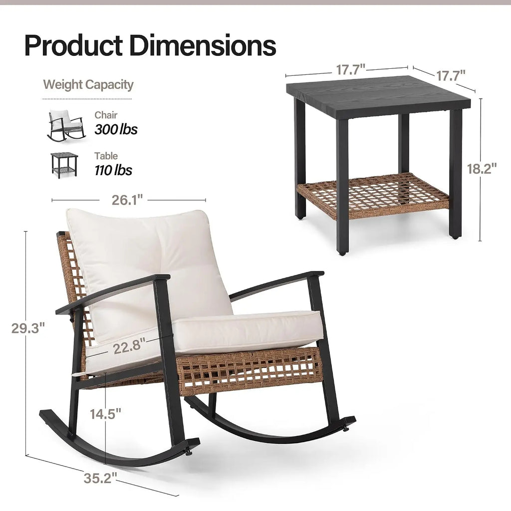 3-Piece Rattan Patio Rocking Conversation Set, 2-Tier Table, Customized