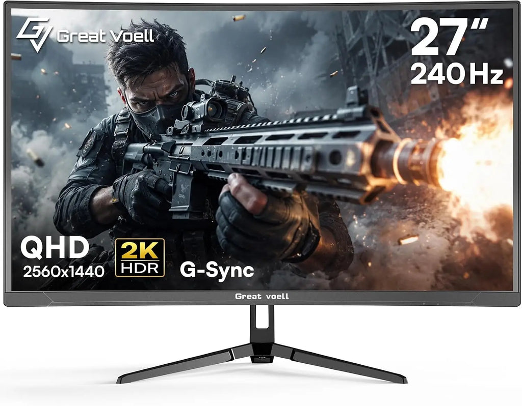 Great Voell 27-inch 240Hz Curved Gaming Monitor, 2K QHD, 1ms MPRT G-Sync, 1440p HDR VA Panel, 98% SRGB, HDMI 2.0 and DP 1.4, Tilt Adjustable, VESA Compatible, Black