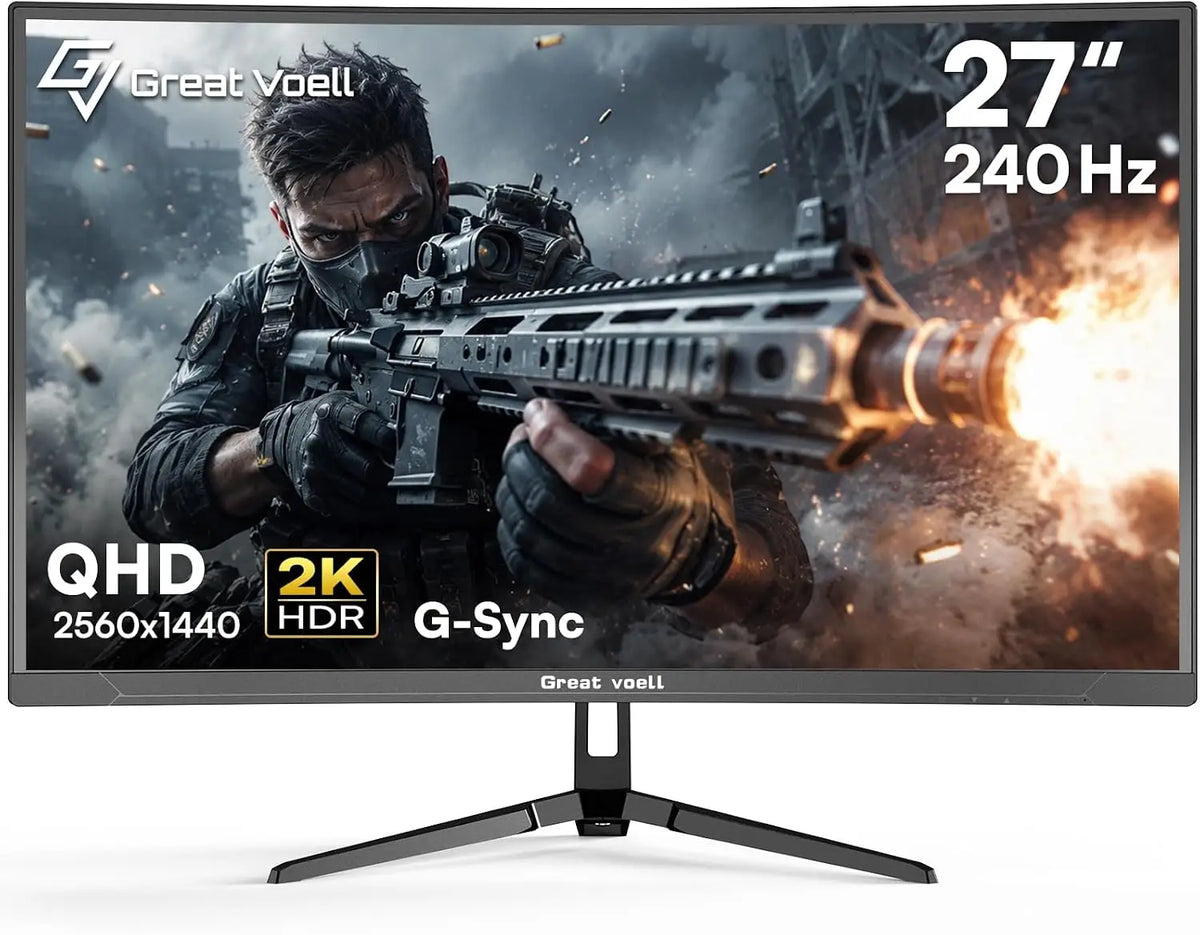 Great Voell 27-inch 240Hz Curved Gaming Monitor, 2K QHD, 1ms MPRT G-Sync, 1440p HDR VA Panel, 98% SRGB, HDMI 2.0 and DP 1.4, Tilt Adjustable, VESA Compatible, Black
