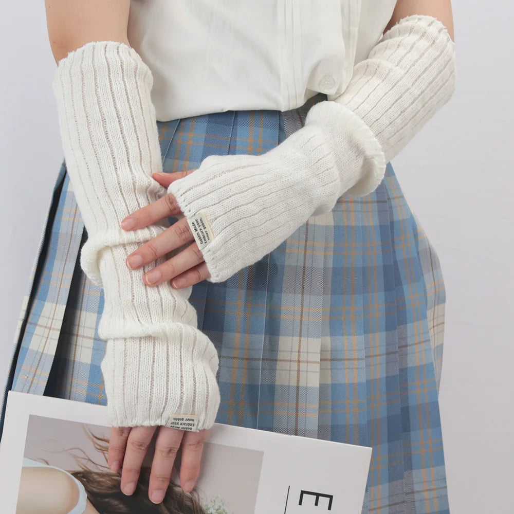 Women Fingerless Gloves Arm Warmers Goth Knitted Kawaii Lolita Style Gloves Wrist Sleeves Harajuku Mittens Y2K Black Accessories