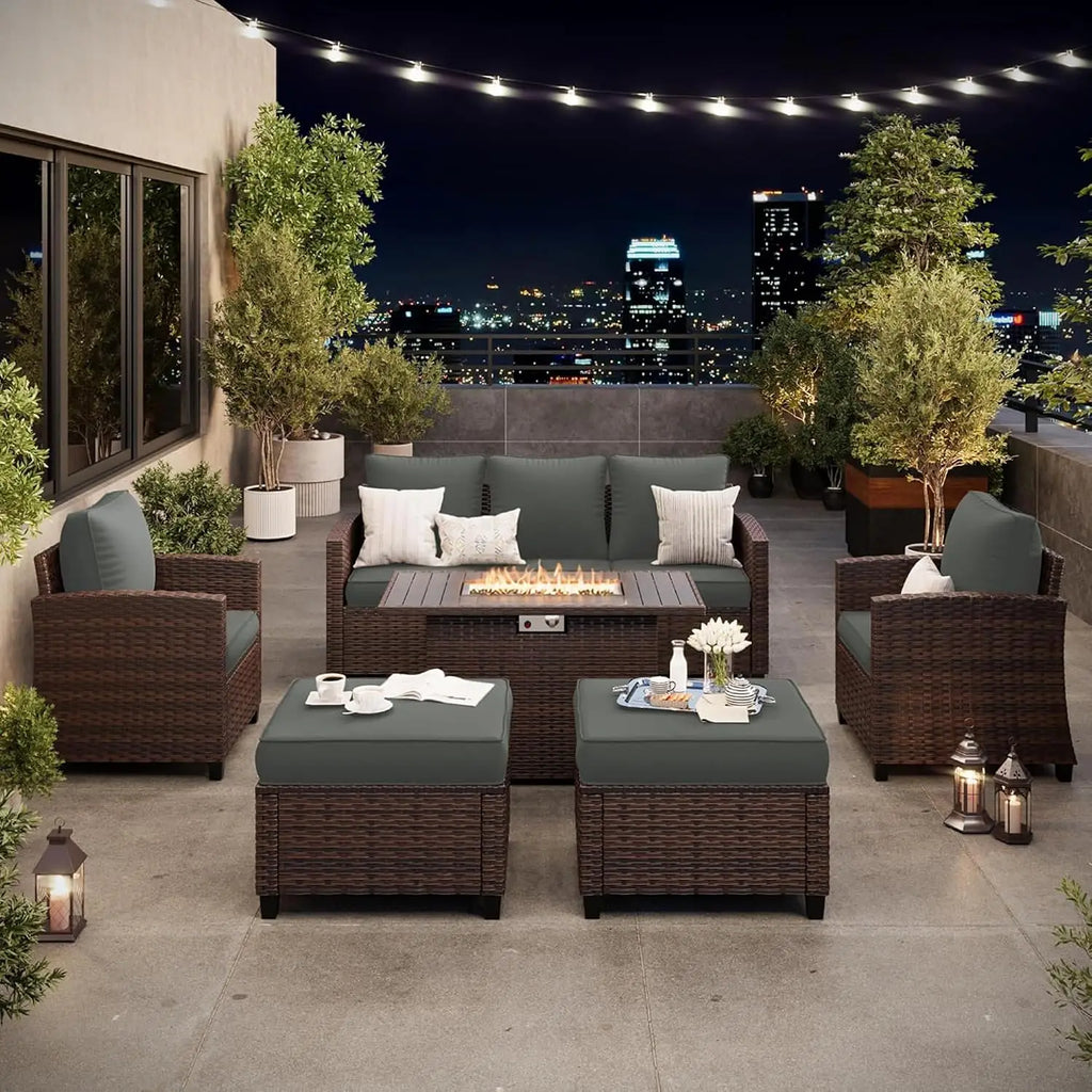6 PCS Patio Furniture Set with Fire Pit,Rattan Patio Set,Dark Grey, Customized