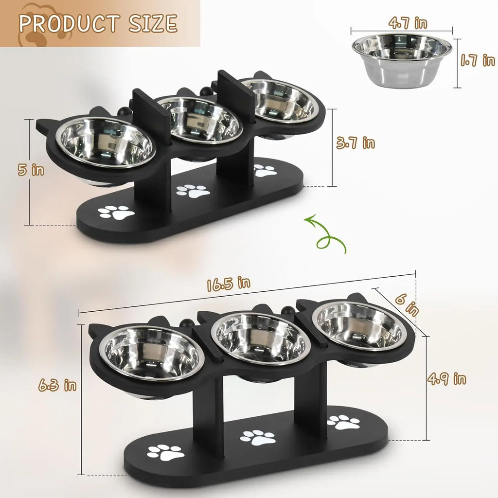 Cat Bowls Elevated, Raised Cat Food Bowls For Indoor Cats, Adjustable Heights Cat Food And Water Bowl With Black Shelf, 3 Stainless Steel Elevated Cat Bowls With 15°Tilted, Cat Dishes For Food And Water