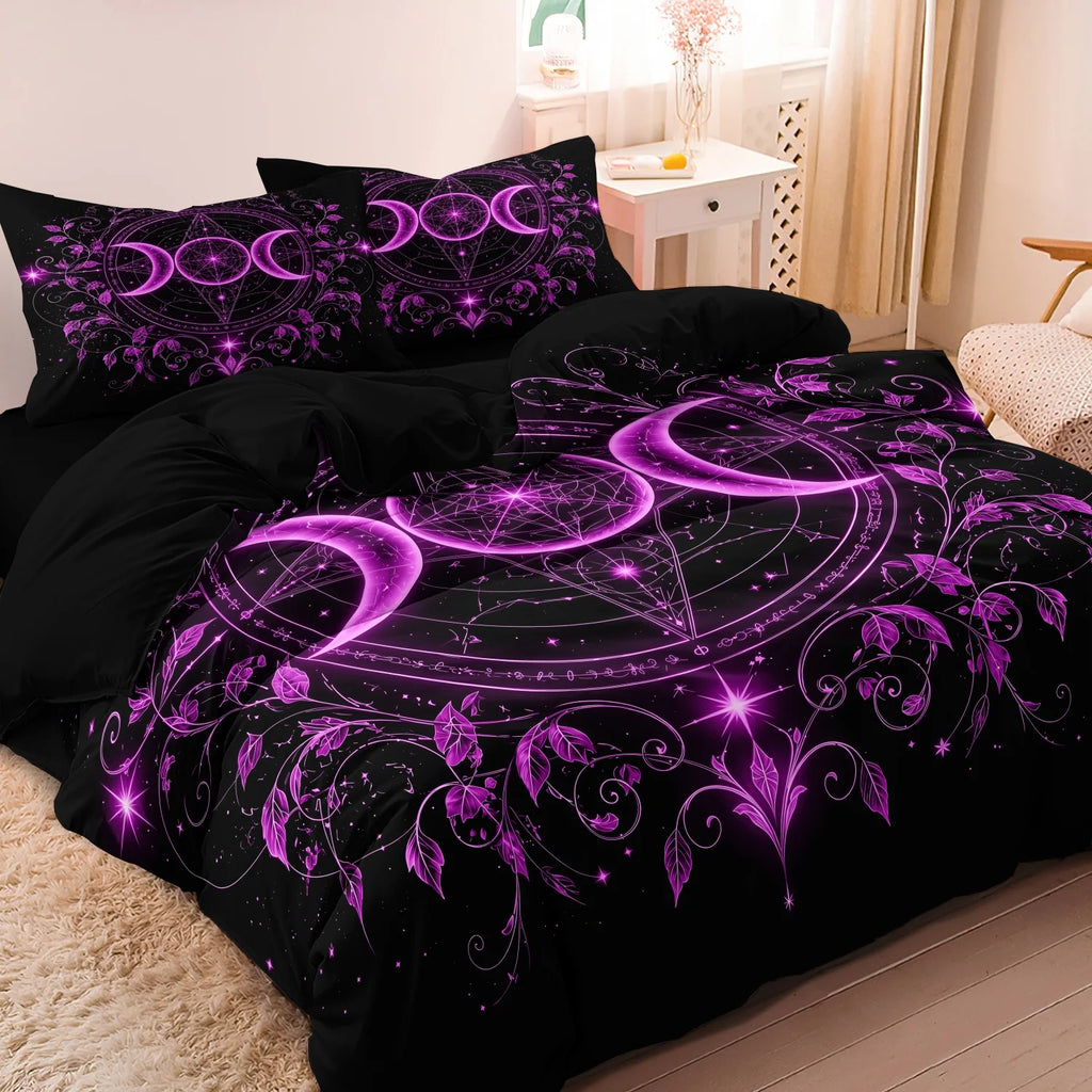 3pcs Set Gothic Triple Moon Starry Duvet Cover, Delicate Purple Botanical Mandala Bedding,  For Themed Hotel & Dorm Decoration