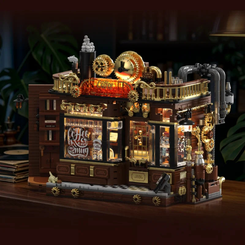 Steampunk Café Building Block Set, Double-Decker Openable Street Scene House Model, High-Difficulty Adult Assembly Toy and Desk
