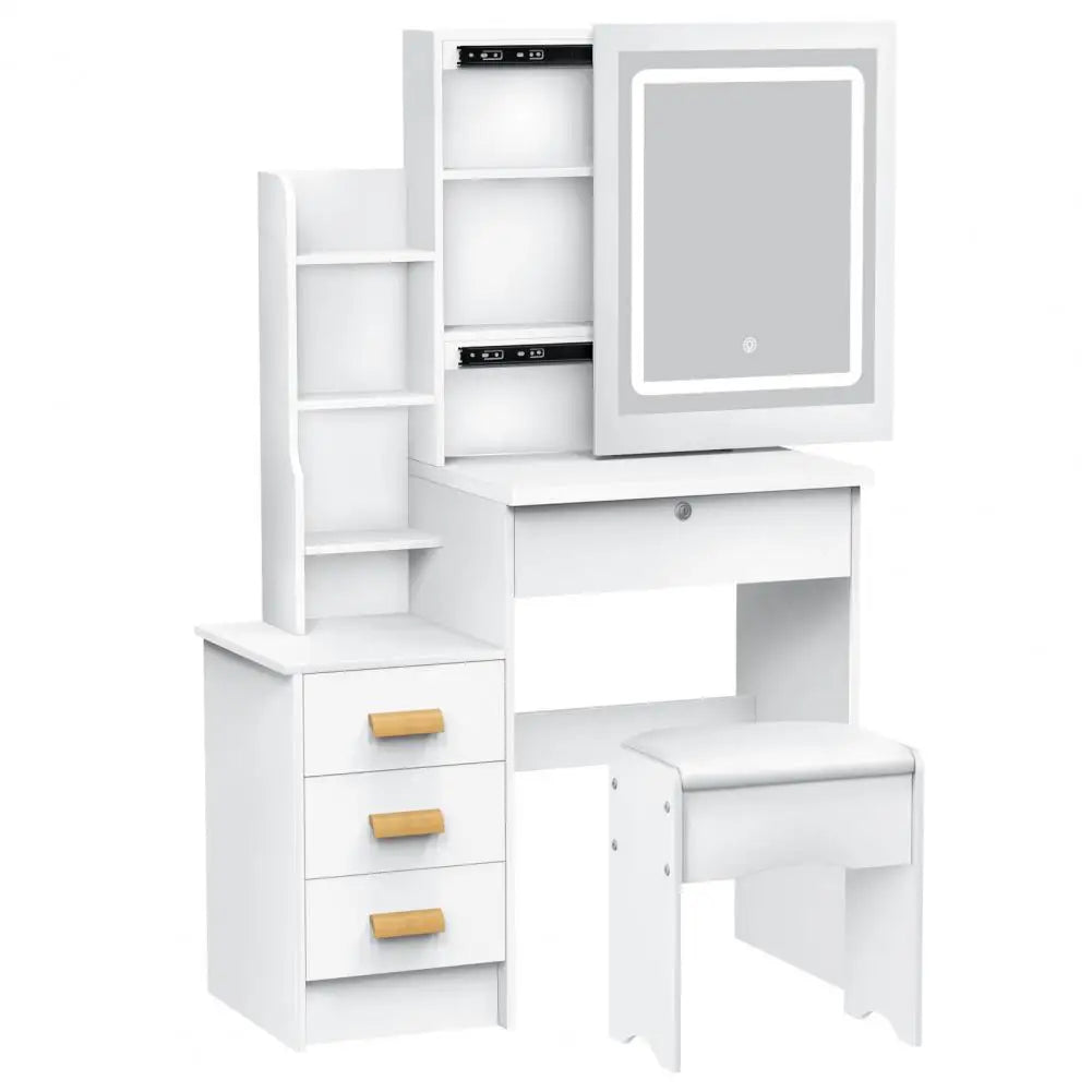 Vanity Desk with Sliding Mirror and Lights, Bedroom Dressing Table, Makeup Table with Drawers & Shelves, Hidden Storage Space
