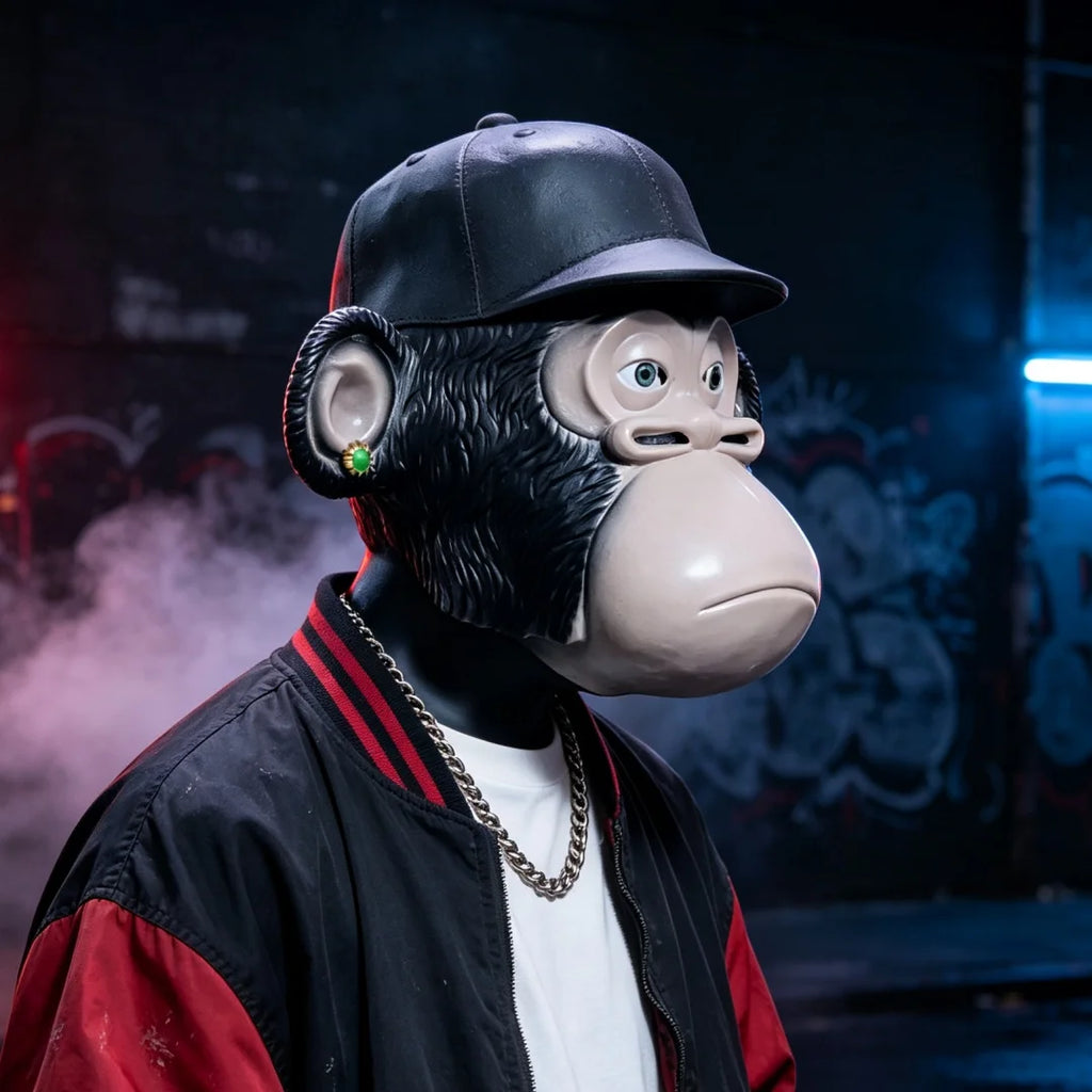 Chimpanzee Latex Full Head Mask with Baseball Cap & Ear Ornaments, Animal Cosplay Headgear for Halloween Masquerade, Party and Role Play Costume Props