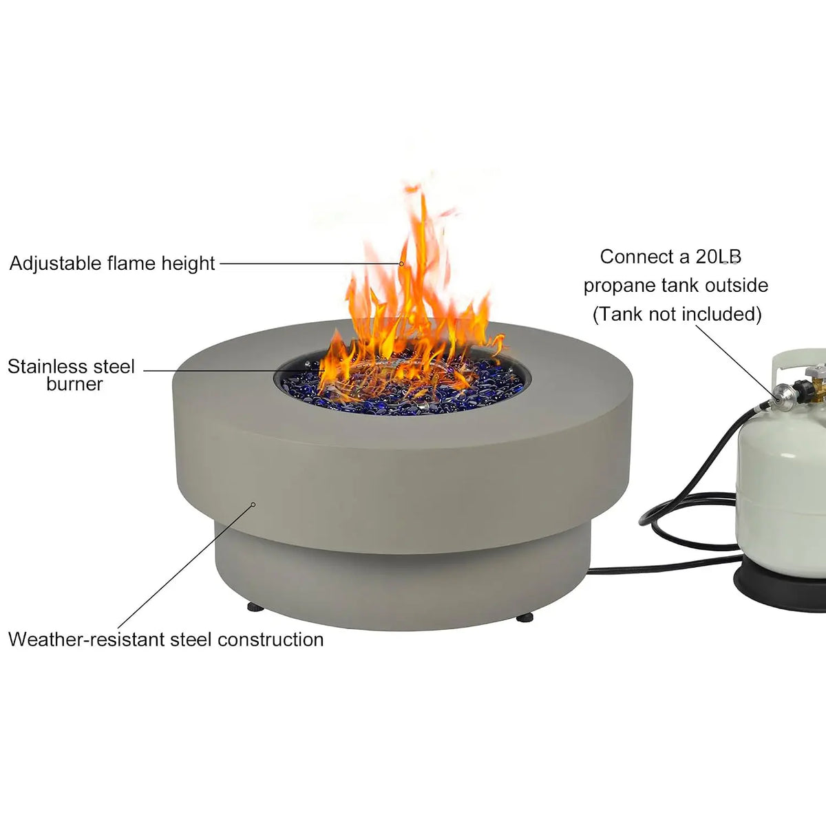Propane Outdoor Fire Pit Table, Flint & Concrete Look 32-inch Round Patio Propane Fire Table 50,000 BTU w/Lid, Glass, Custom