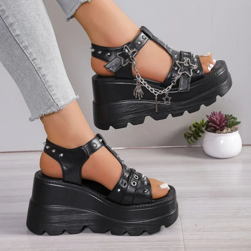 Summer 2026 Thick Bottom Sandals for Women Open Toe Chunky Platform Black Sandals Woman High Wedge Heels Sandles Female
