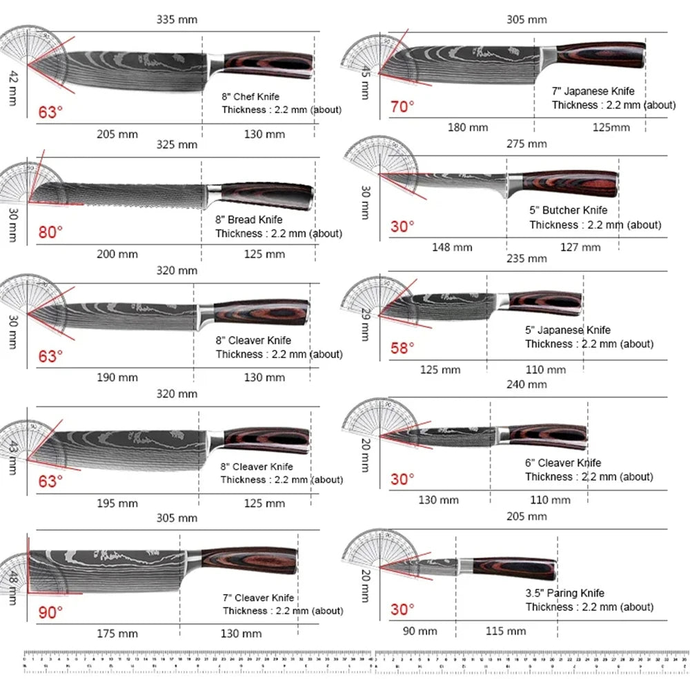MDHAND 8PCS Damascus Stainless Steel Kitchen Knife Set Super Sharp Japanese Style Chef Santoku Cleaver Slicing Boning Utility Paring Knives Complete Cooking Cutlery Kit with Portable Protective Nylon Carry Bag for Home Kitchen Chef Use