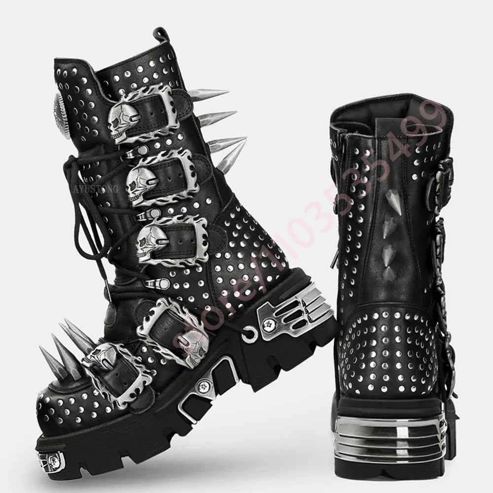 Tank Metal Rivet Rhinestone Rock Motorcycle Boots Round Street Punk Belt Buckle Gothic Boots Fashion Party Sports Casual Boots