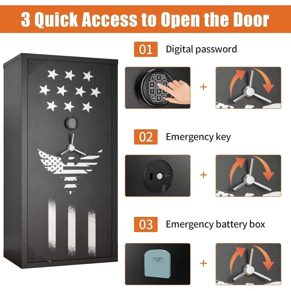 30-40 Capacity Gun Safe with Removable Shelves, Silent Operation, LED Lighting, and Key Lock