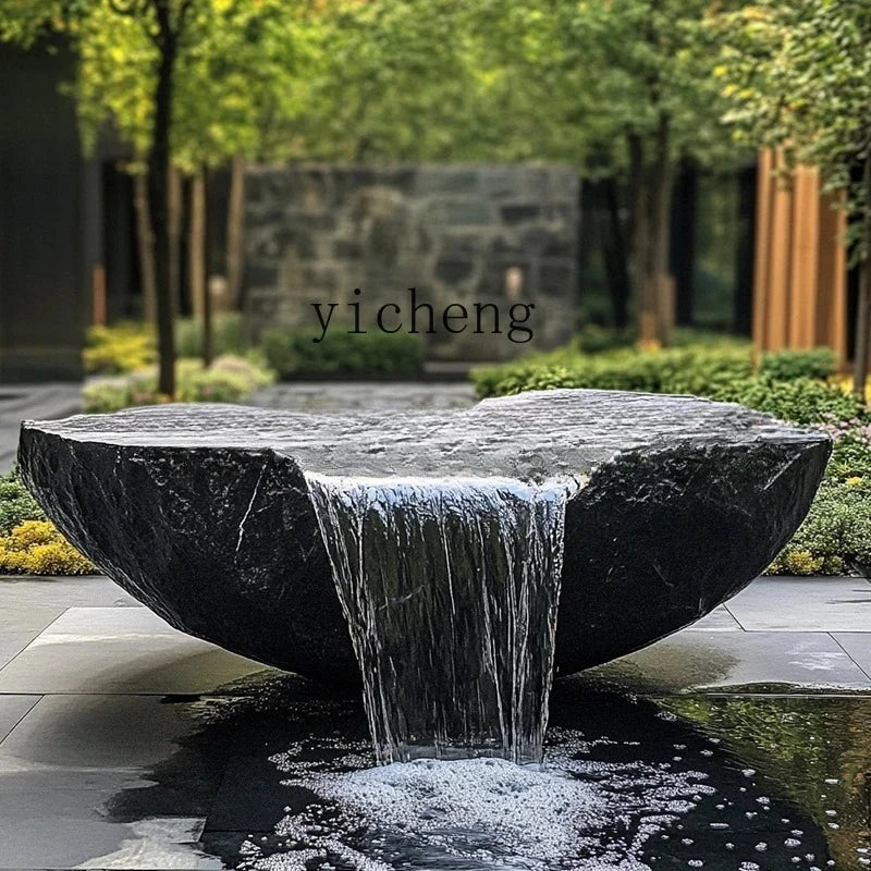 FZ  Black Mountain stone water bowl basin courtyard Chinese fountain stone carving water fountain garden  water feature