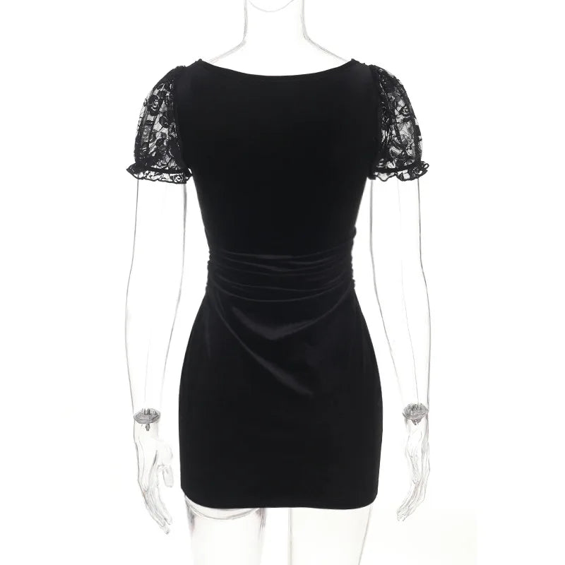 Goth Dark Women Elegant Fashion Black Velvet Mini Dress Mall Gothic Lace Patchwork Bodycon Dresses Fairy Waist Pleated Partywear