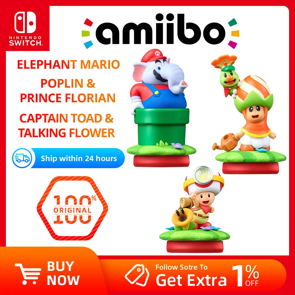 Nintendo Switch Amiibo - Elephant Mario/Captain Toad & Talking Flower/Poplin & Prince Florian - Super Mario Bros. Wonder series