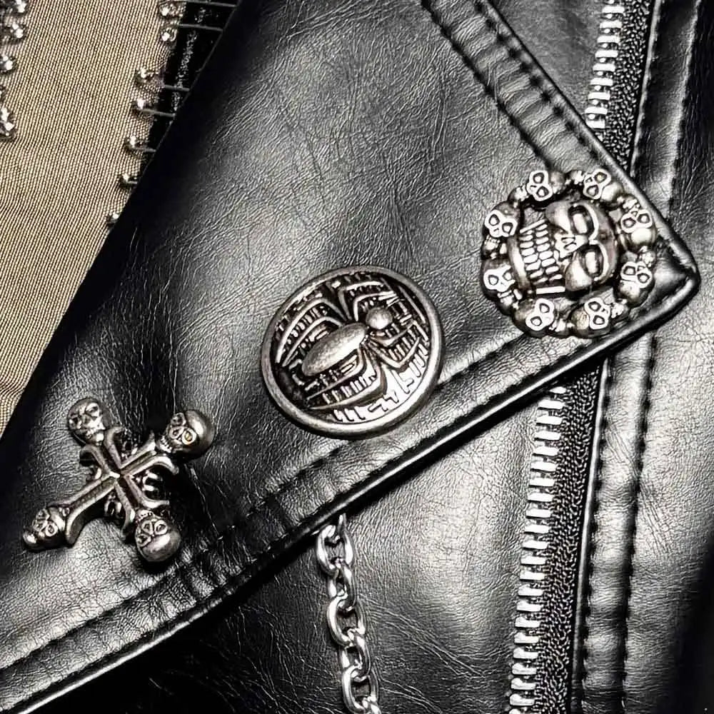 Gothic E-Girls Skull PU Leather Jacket Y2K Trendy Punk Rock Harajuku Chain Cross Street Wear Digital Glitch Core Club Goth