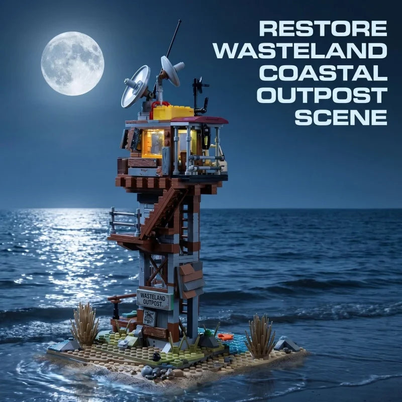 Post-Apocalyptic Watchtower Building Blocks Set, Abandoned Lighthouse Model with Satellite Dish, DIY Assembly Bricks, Collectibl