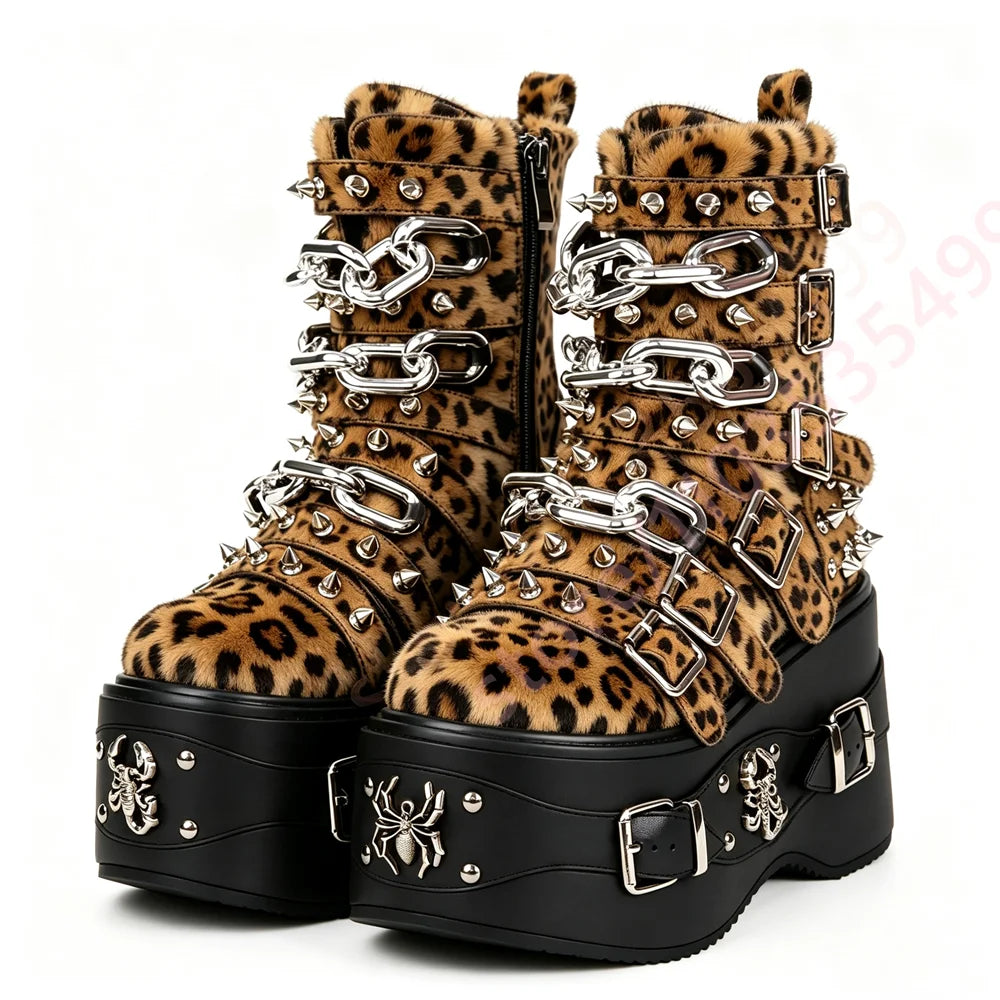 Women Leopard Platform Ankle Boots Spikes Chain Multi‑Buckle Spider Scorpion Metal Gothic Punk Y2K Street Fashion Wedge Boots
