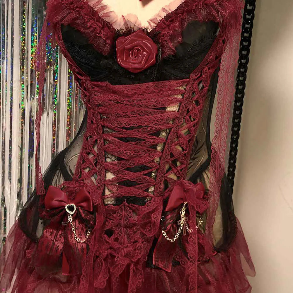 Red Y2K Gothic Dress for Women Lace Emo ALT Grunge E-Girls Lolita Ball Gown Rave Festival Cyber Punk Rock Star Goth Clothing