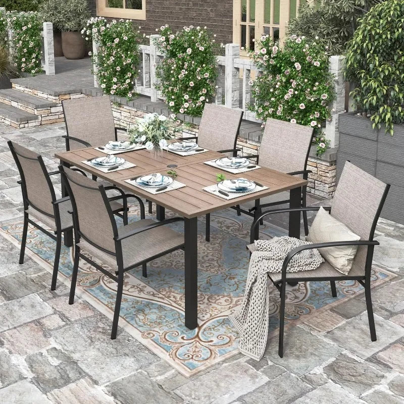HERA'S HOUSE Patio Table and Chairs for 6, 7 Pieces Outdoor Deck Dining Sets, Wood-Like Rectangular Metal Table Set with Chairs