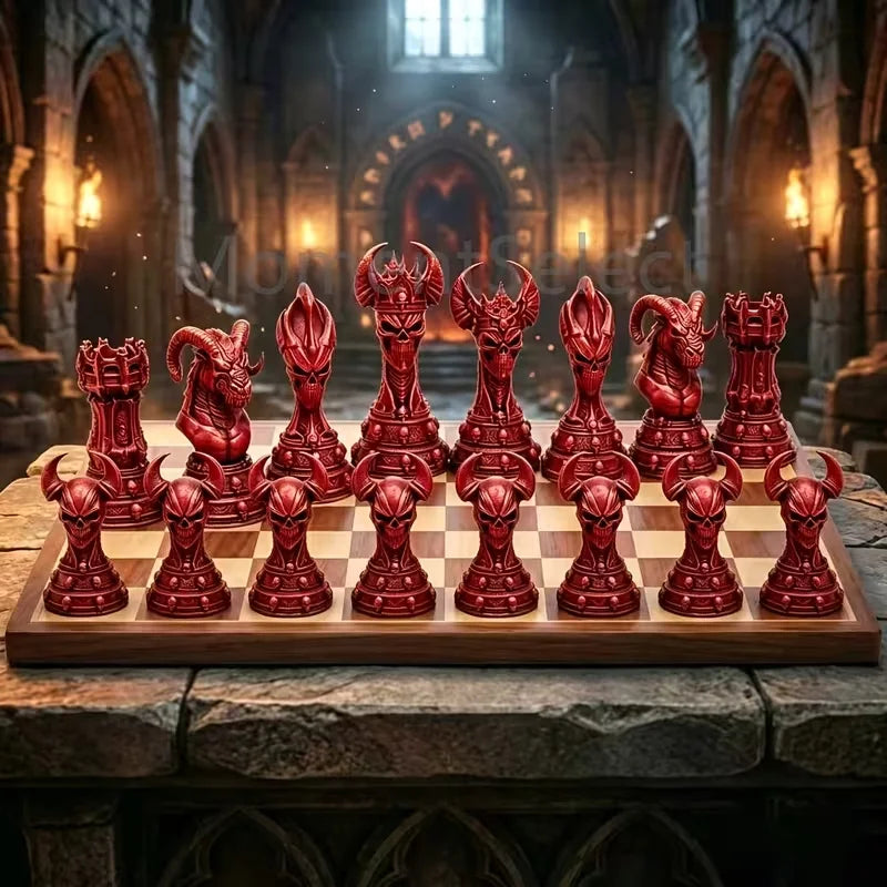 16 Pcs Gothic Demon-Themed Chess Set with Demonic Sculpted Pieces Desktop Decorative Ornaments