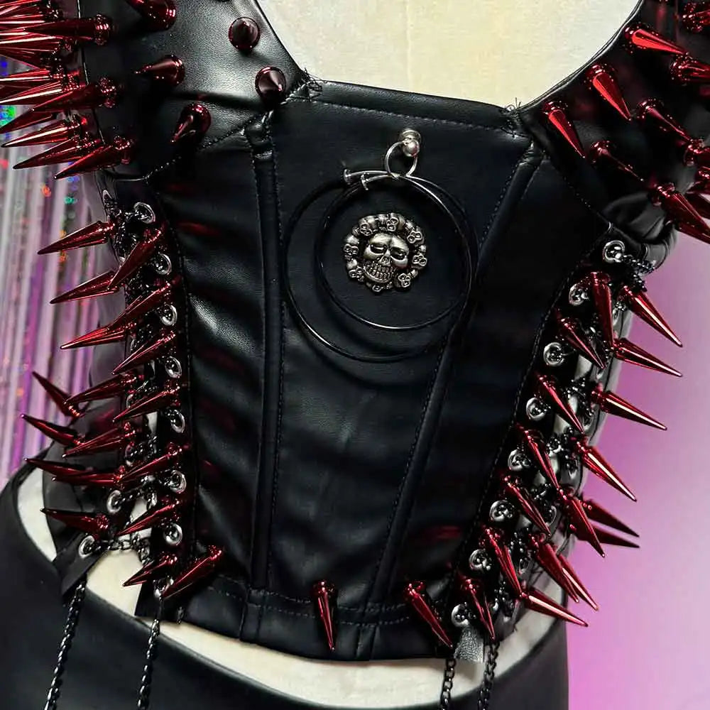 Eco 90s E-Girls Emo Teen Goth DIY Harajuku Y2K Vegan Leather TOPS Punk Rock Red Studded Hand Made Grunge Gothic Kawaii