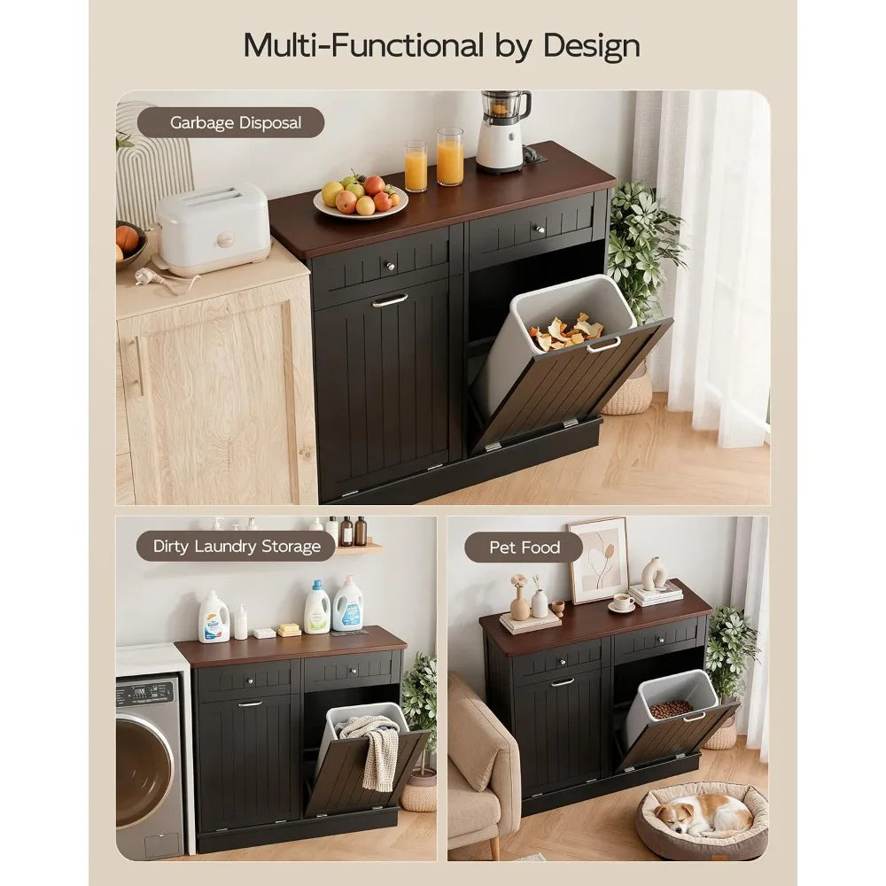 Betterhood Tilt Out Trash Cabinet with Outlet & USB, 2 Drawers, Wooden Laundry Hamper, Black