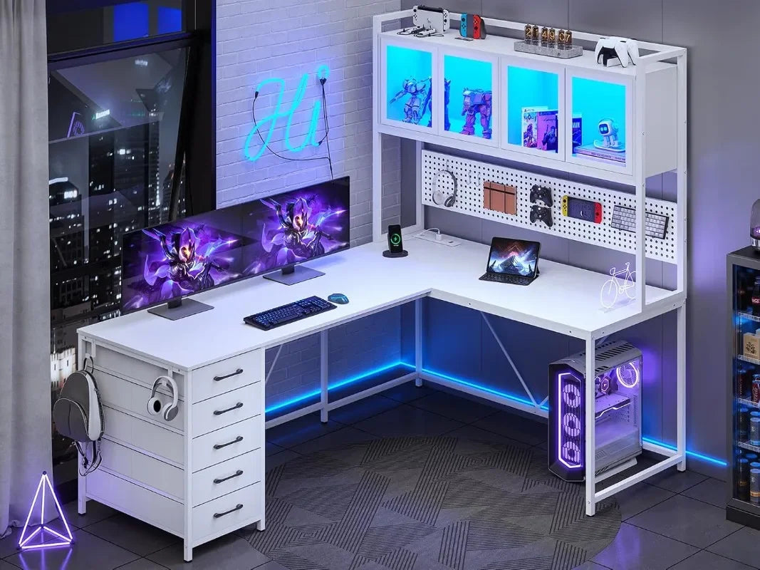 SEDETA L Shaped Gaming Desk with Drawers, L Shaped Computer Desk with Hutch and Storage Shelves, Gaming Desk with Pegboard,