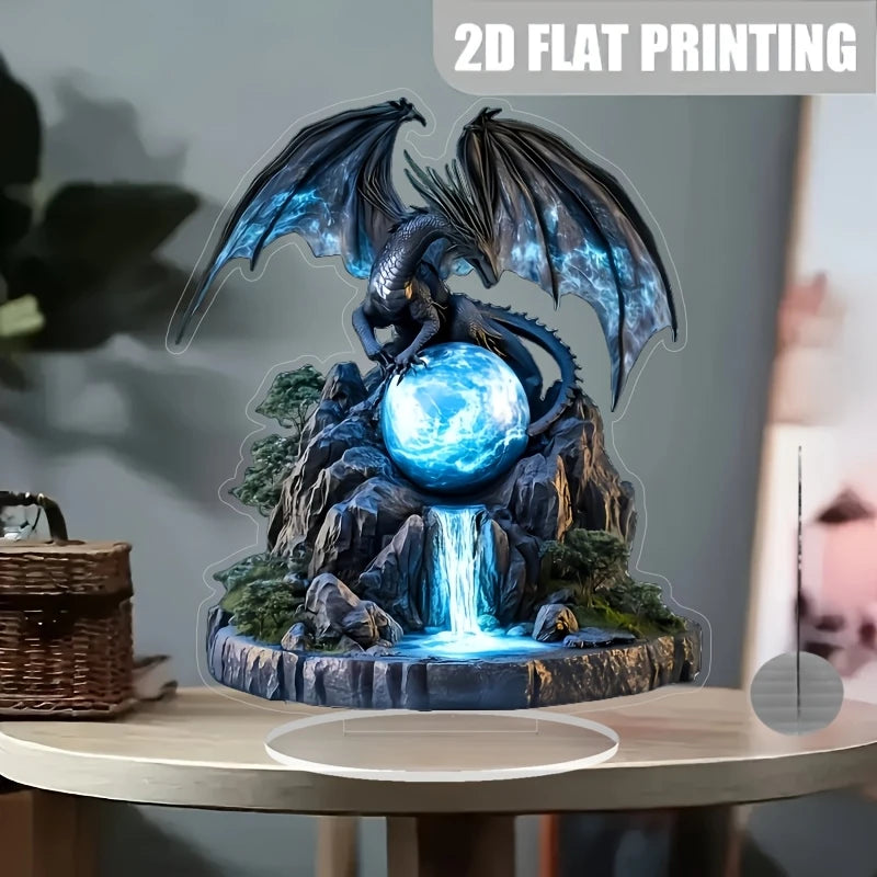 2D 8in Retro Bohemian Black Dragon Crystal Ball Flat Acrylic Landscape Design Mysterious Figurine Cool Tabletop Decora Gifts