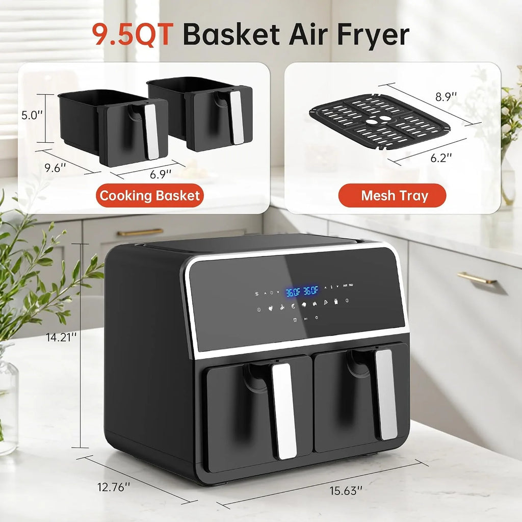 Deli 9.5QT Dual Basket Air Fryer 7-in-1 with 2 Ceramic Independent Baskets Smart Finish Digital Touchscreen for Easy Meal