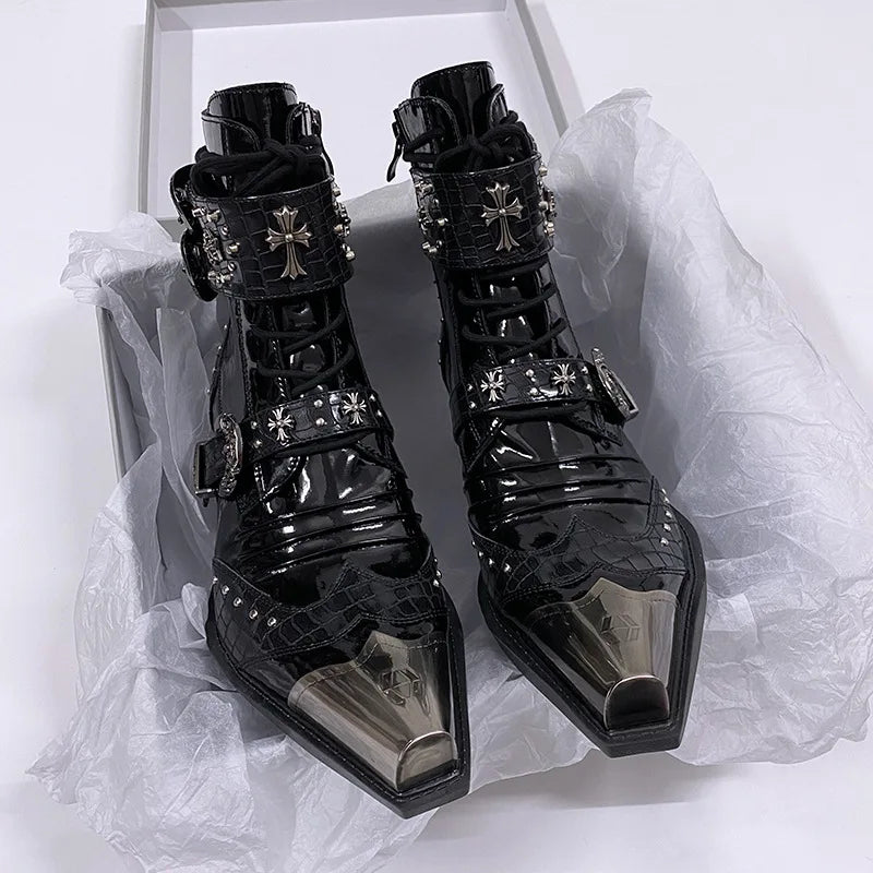 Gothic Punk Style Platform Couple Ankle Boots Designer Metal Decorative Belt Buckle Women Mans Motorcycle Booties Zapatos Hombre