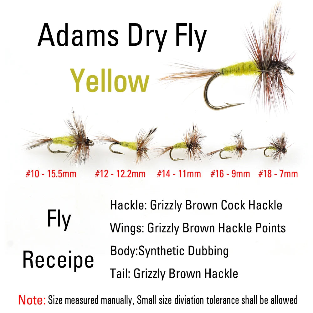 ICERIO  6pcs #10 - #18 Yellow / Grey Adams Dry Flies Caddis Midge Adult Mayfly Trout Fishing Lure Bait