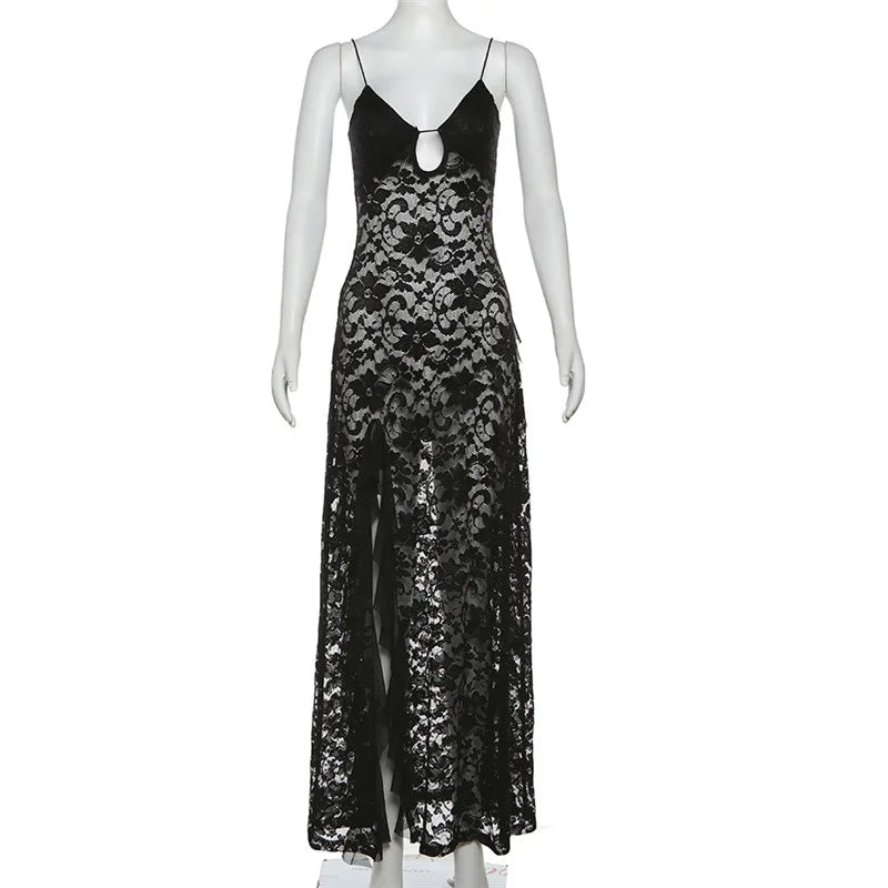 Goth Dark Spaghetti Strap Mesh See Through Long Dress Women Fairycore Beach Outfits Y2K Gothic Aesthetic Hem Split Party Dresses
