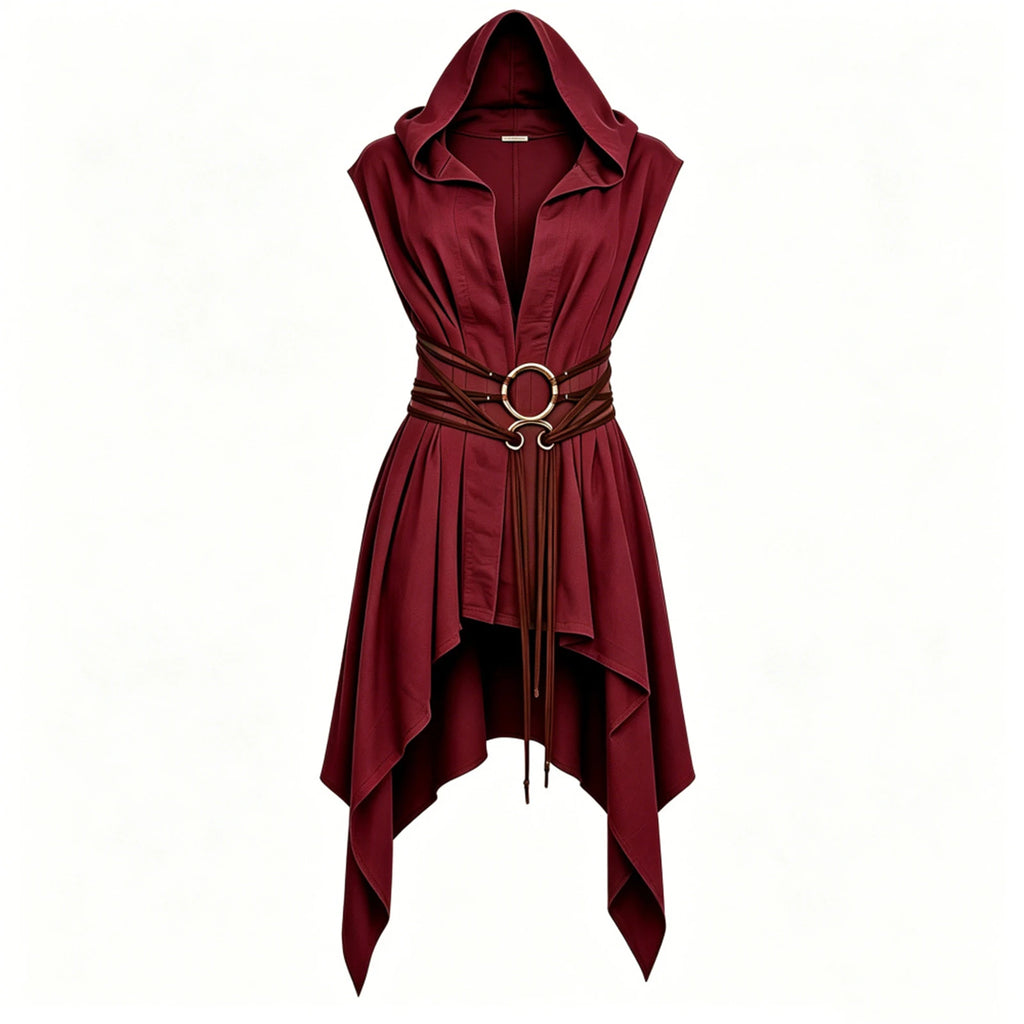 Women Irregular Hem Renaissance Elf Tunic Robe Medieval Ranger Hooded Sleeveless Cloak Belt for LARP Halloween Witch Hunter